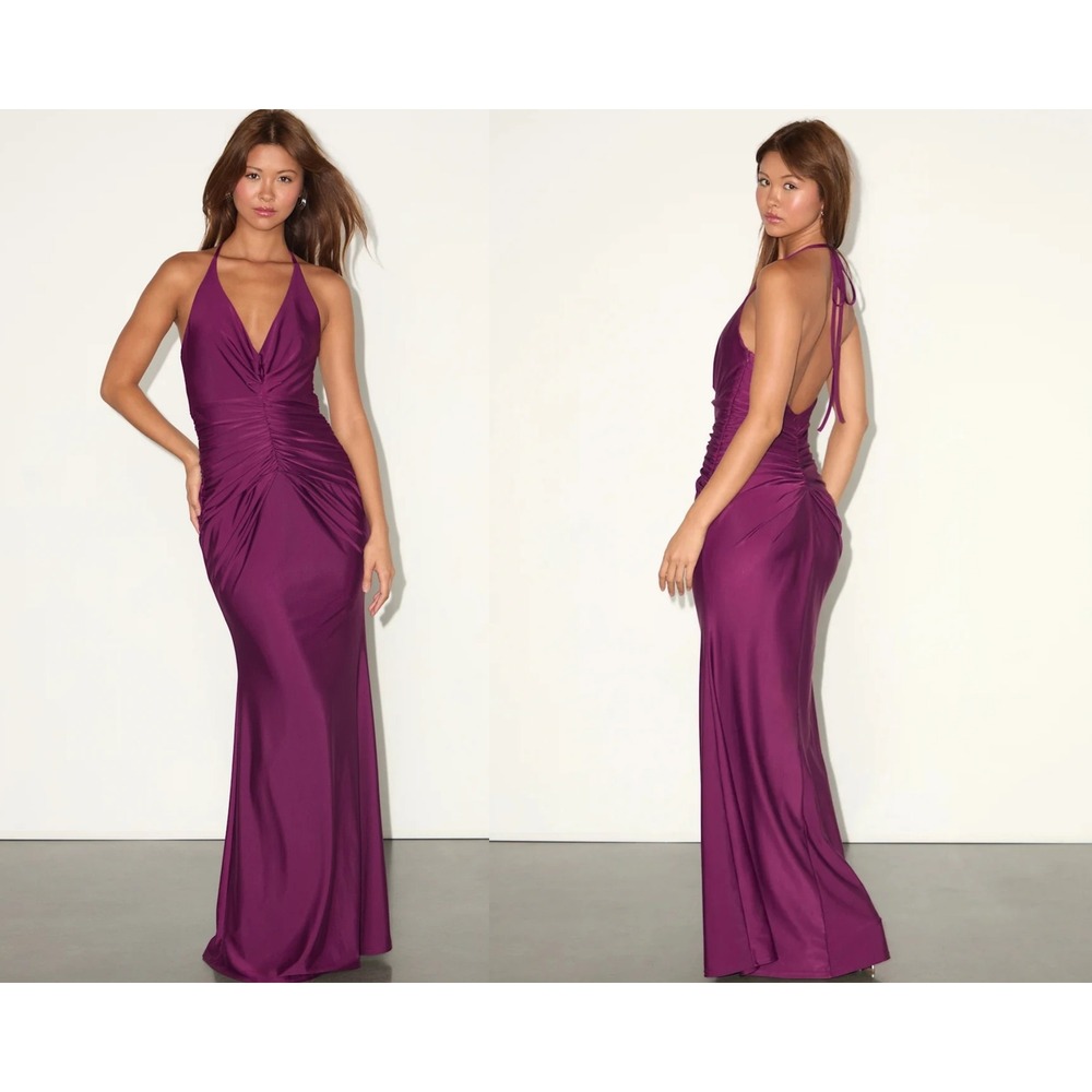 Lulus Zaniya Plum Purple Ruched Halter Low Back Maxi Dress Size Large